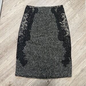 Elie Tahari Wool Blend Tweed Pencil Skirt Black White Lace Leopard Print US 8